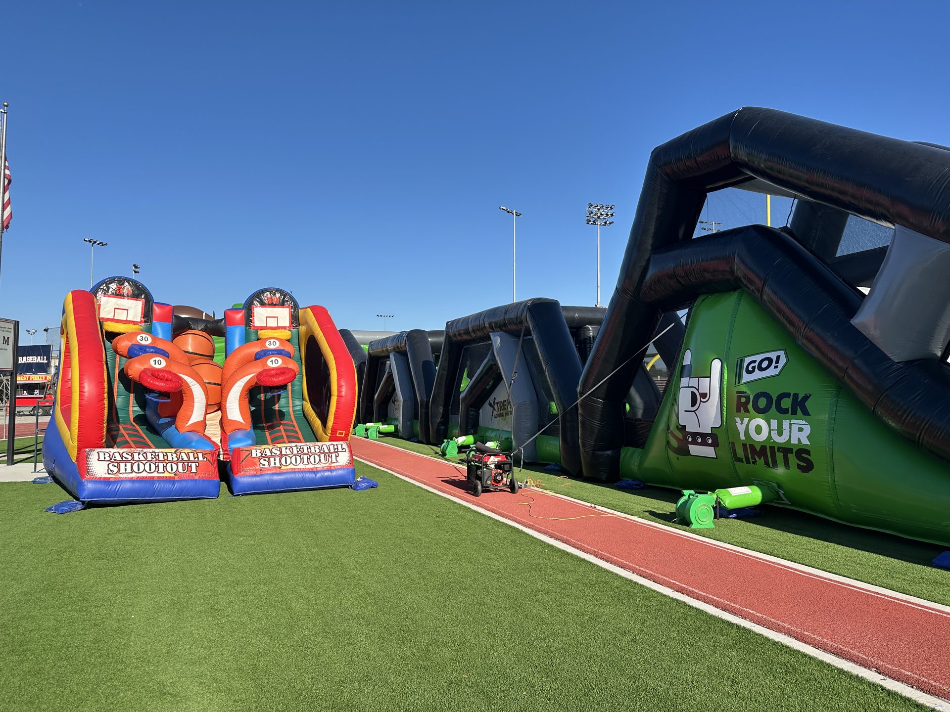 Inflatables set up along a school track